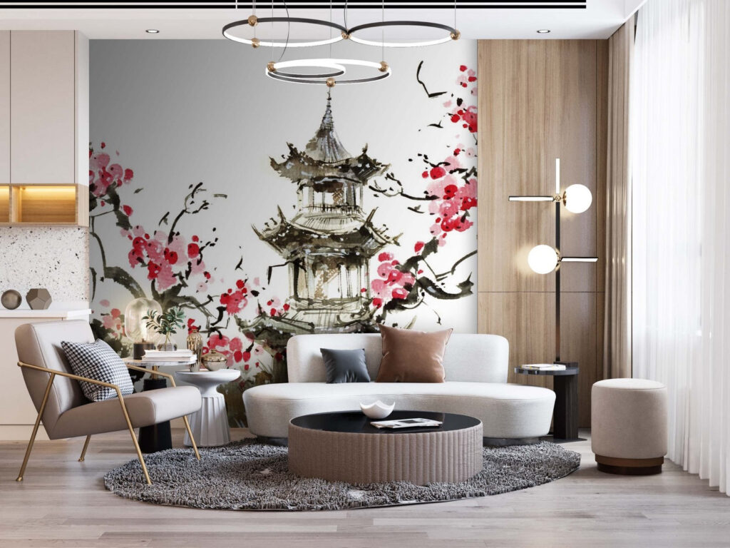 Painting of a pagoda and cherry blossoms Painting of a pagoda and cherry blossoms