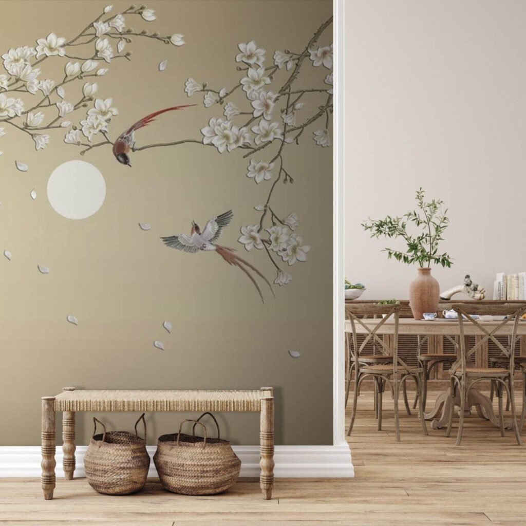 Tree with white flowers and birds Tree with white flowers and birds