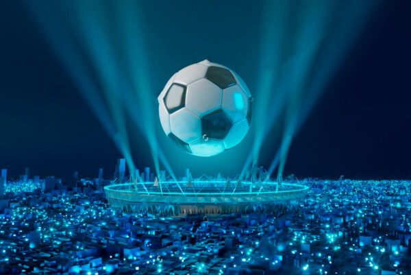 Labdarúgó labda a stadion felett Labdarúgó labda a stadion felett