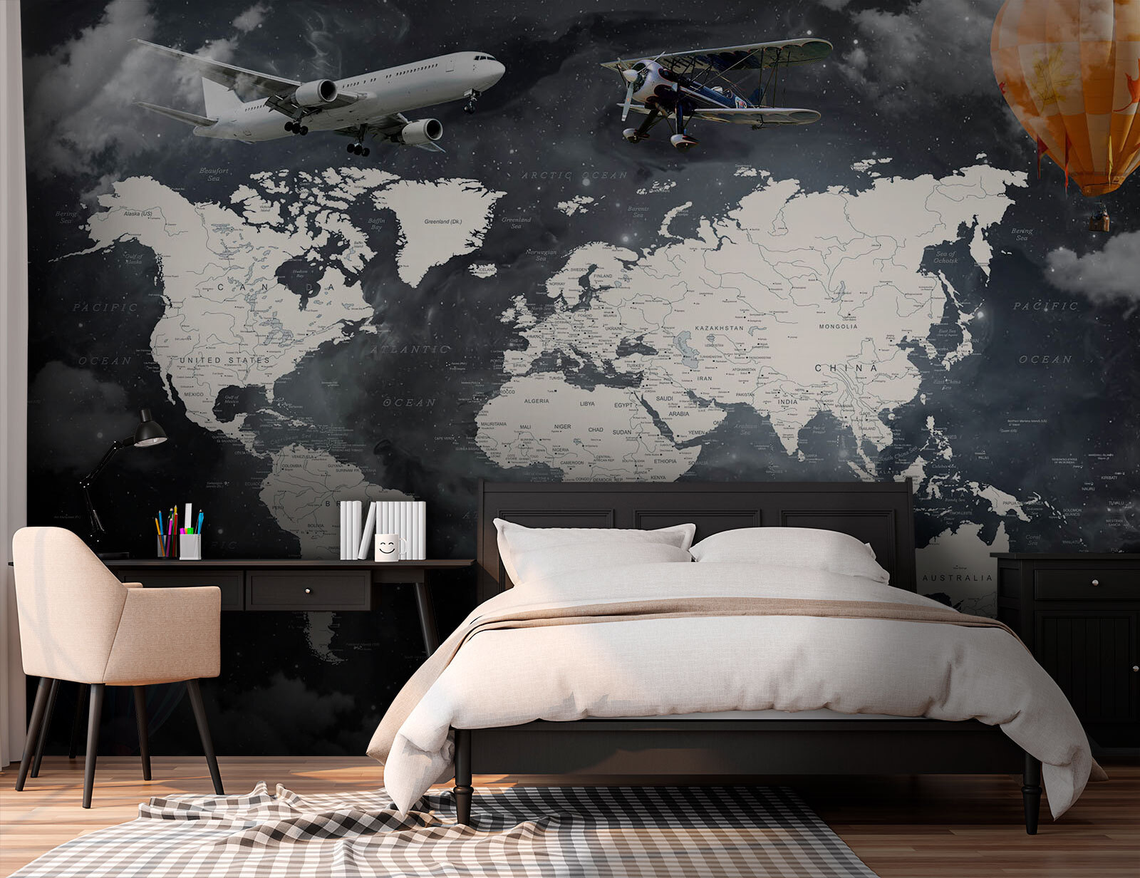 Map of the world with airplanes and hot air balloons Map of the world with airplanes and hot air balloons