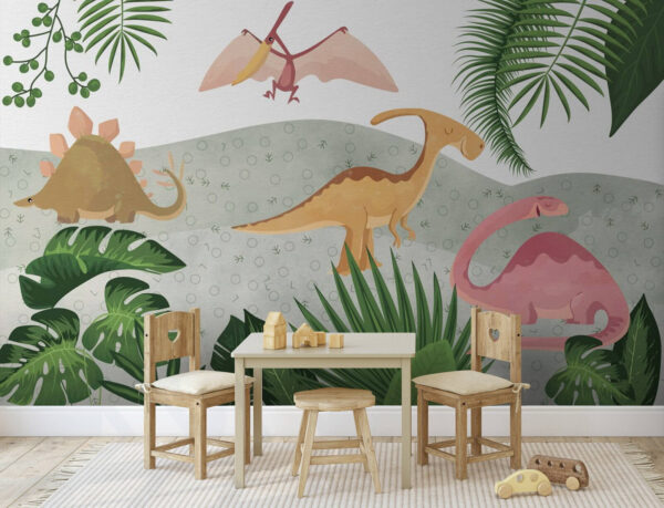 Dinoszauruszok csoportja levelekkel Dinoszauruszok csoportja levelekkel