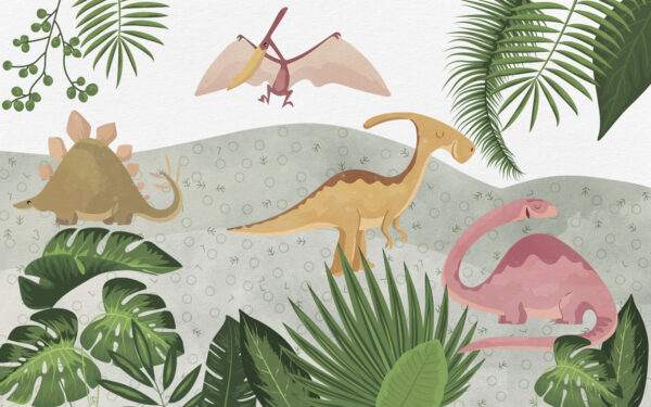 Dinoszauruszok csoportja levelekkel Dinoszauruszok csoportja levelekkel