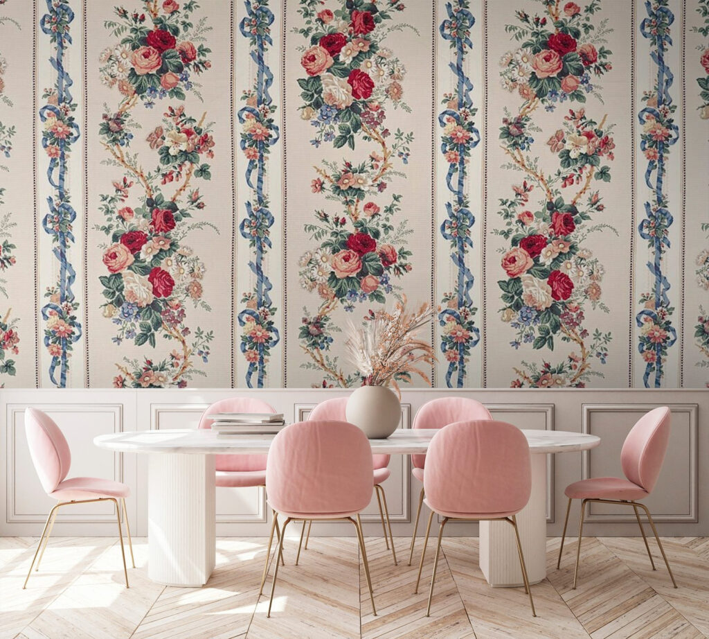 Wallpaper with flowers and ribbons