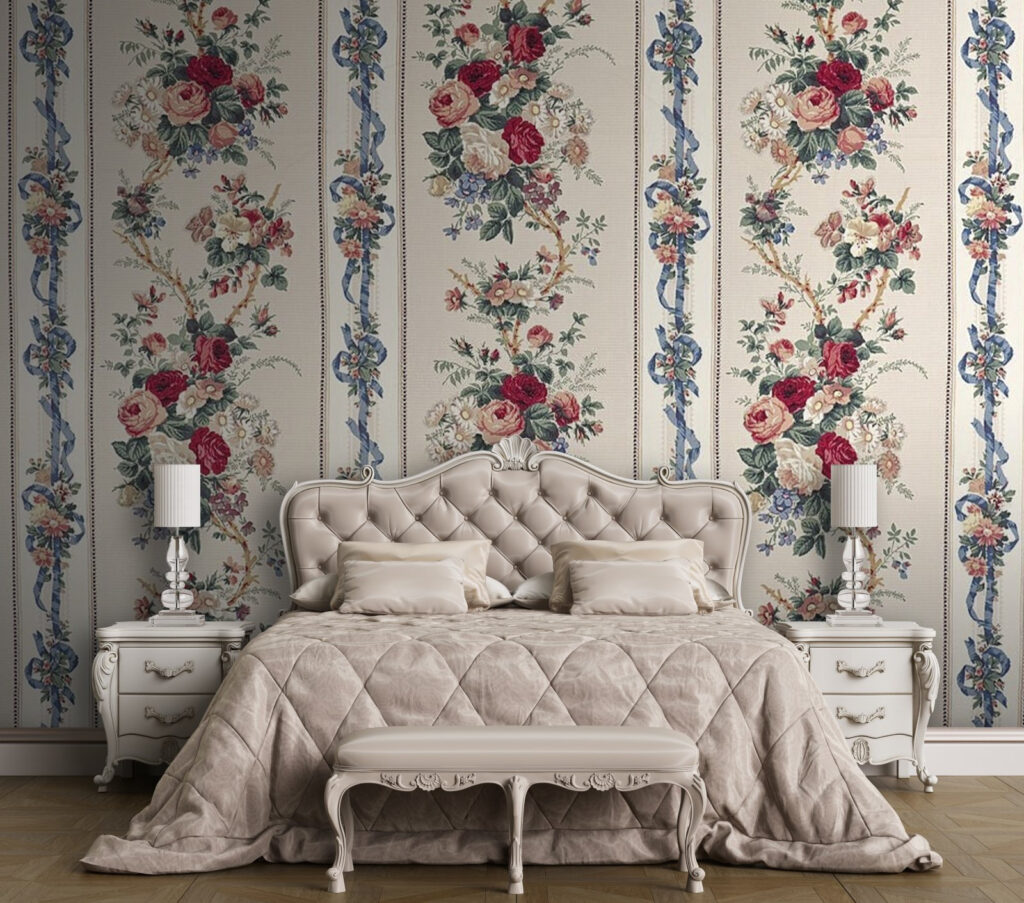 Wallpaper with flowers and ribbons