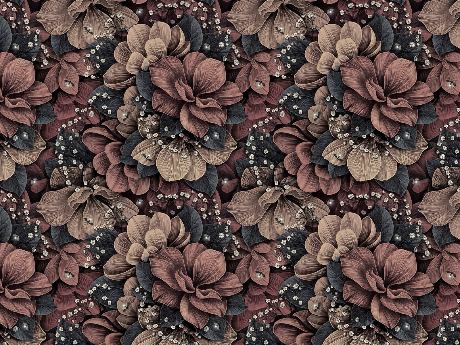 Group of flowers with small white and black leaves