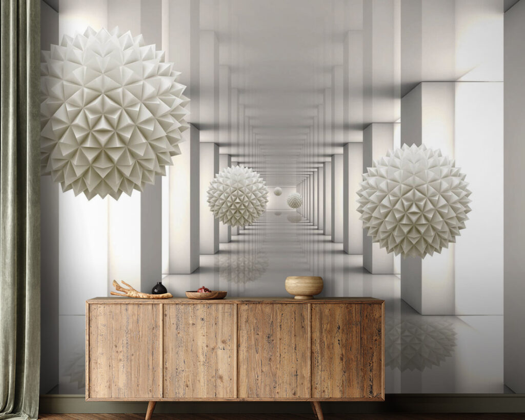 White room with white columns and white balls