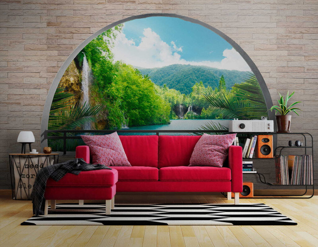 Window with a waterfall and trees Window with a waterfall and trees