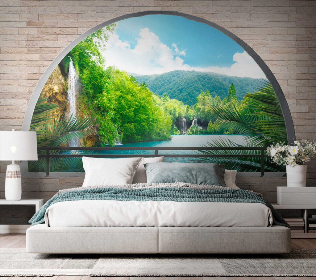 Window with a waterfall and trees Window with a waterfall and trees