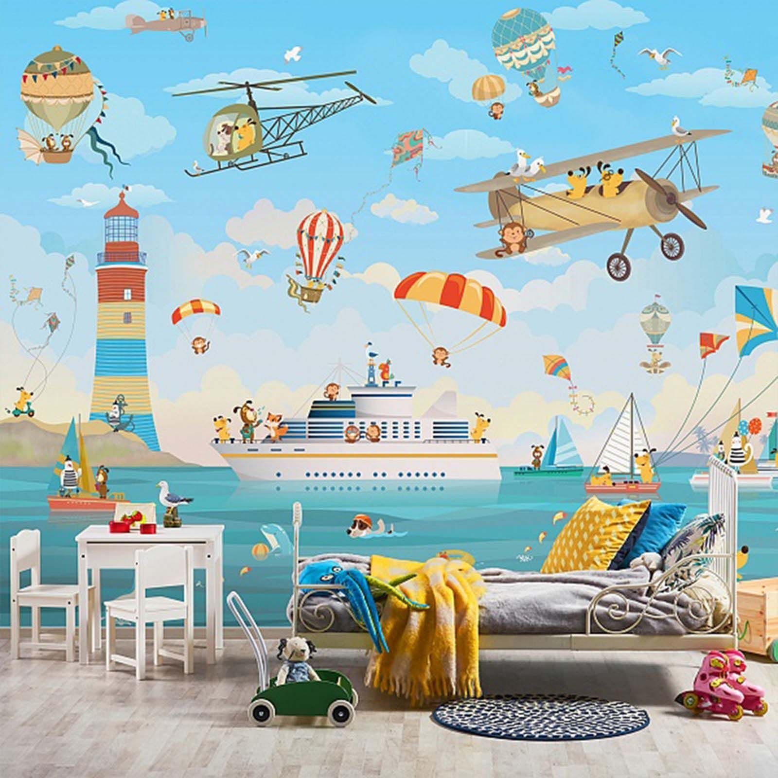 Cartoon animals flying over a boat Cartoon animals flying over a boat