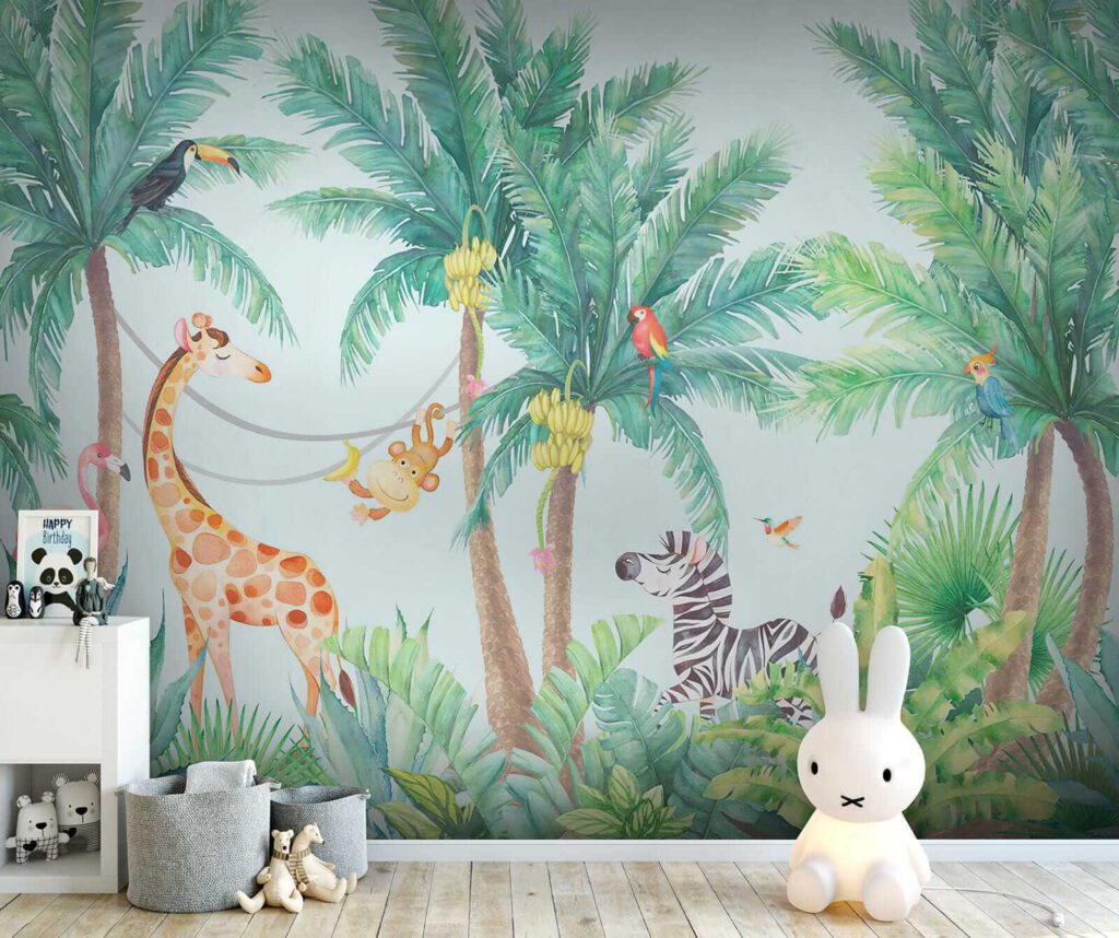 Giraffe and zebra in a jungle