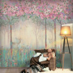 Fotótapéta Festmény egy erdő fákkal és virágokkal