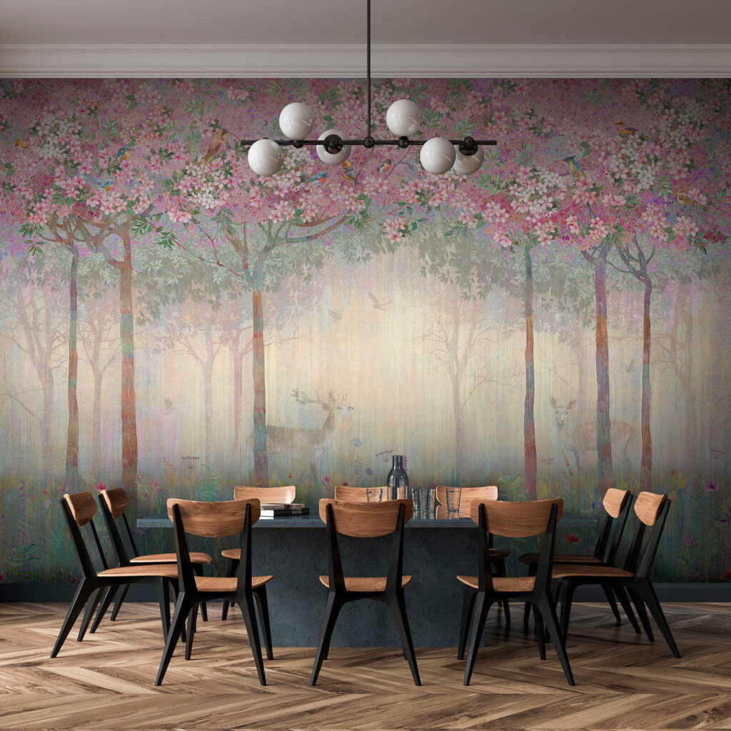 Painting of a forest with trees and flowers Painting of a forest with trees and flowers