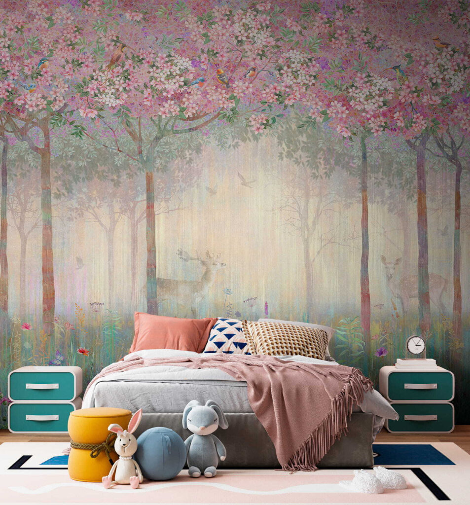 Painting of a forest with trees and flowers Painting of a forest with trees and flowers