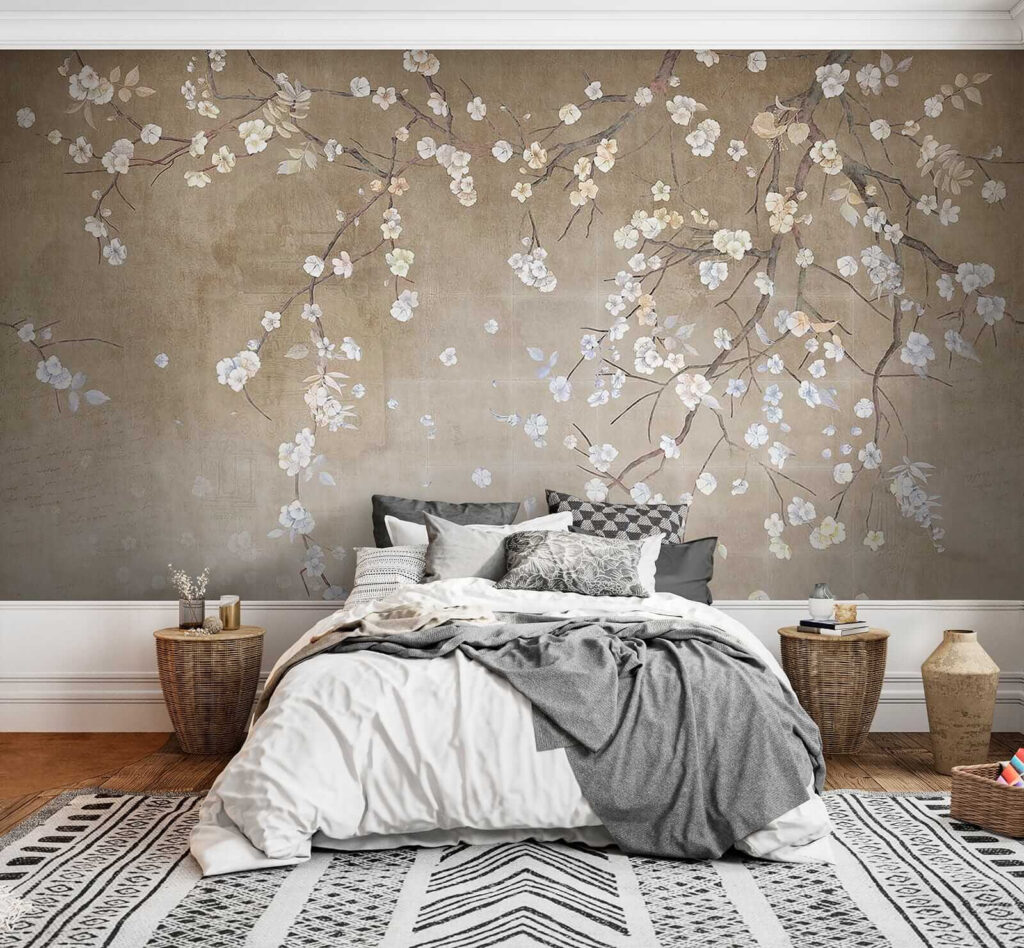 Tree branch with white and blue flowers Tree branch with white and blue flowers