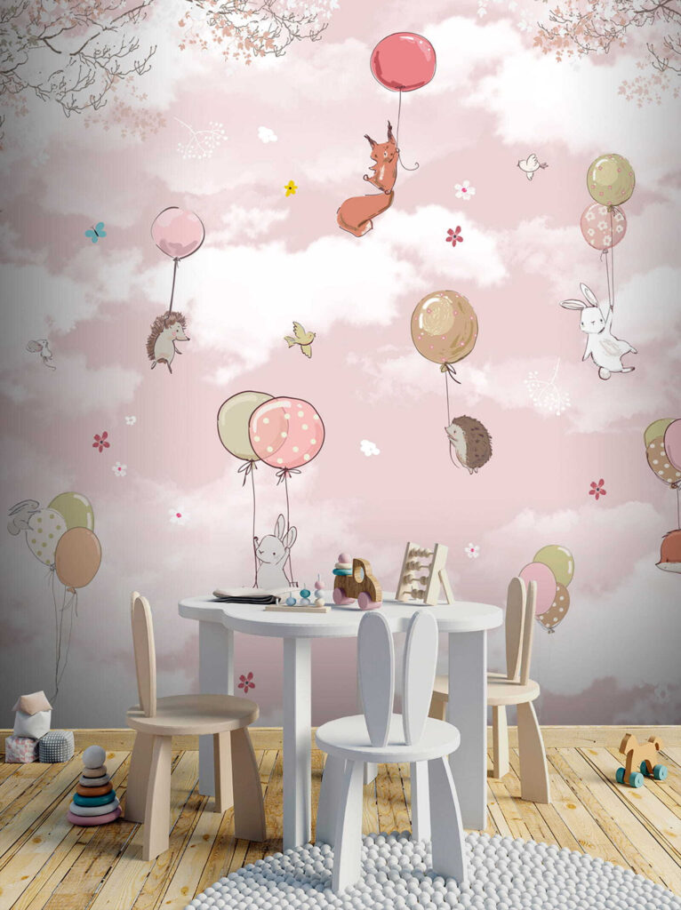 Group of animals flying with balloons in the sky