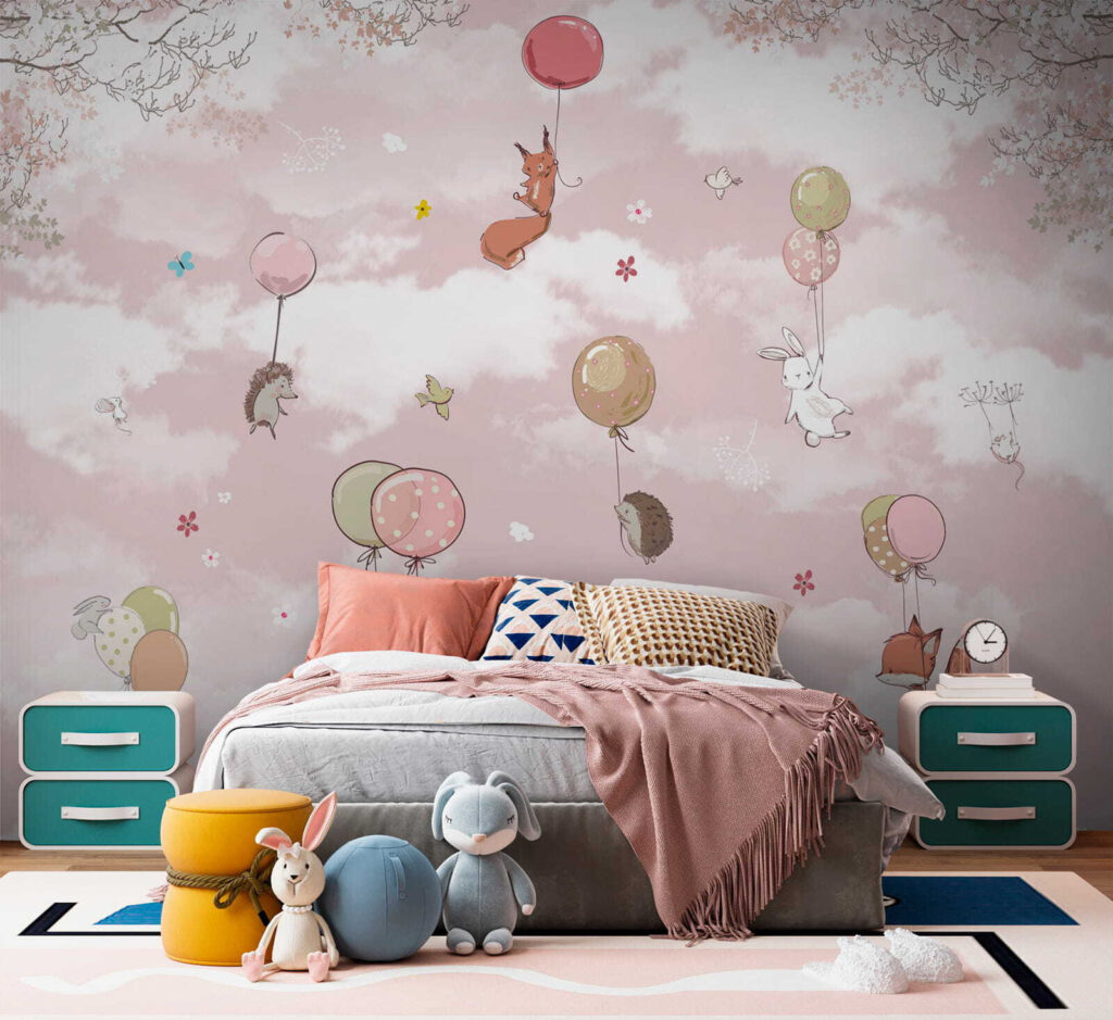 Group of animals flying with balloons in the sky