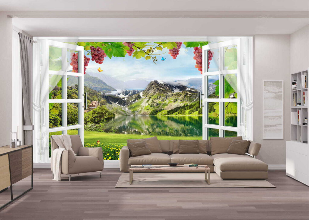 Window with a view of a lake and mountains