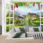 Fotótapéta Ablak, kilátással a tóra és a hegyekre