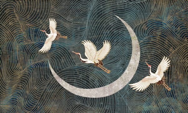 Painting of birds flying over a crescent moon