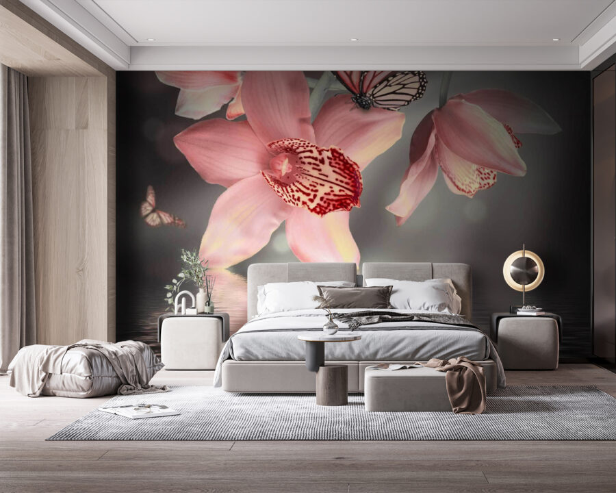 Rózsaszín orchideák és pillangók egy ágon Rózsaszín orchideák és pillangók egy ágon