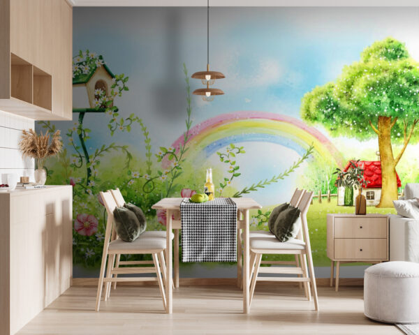 Rainbow and flowers in a green field Rainbow and flowers in a green field