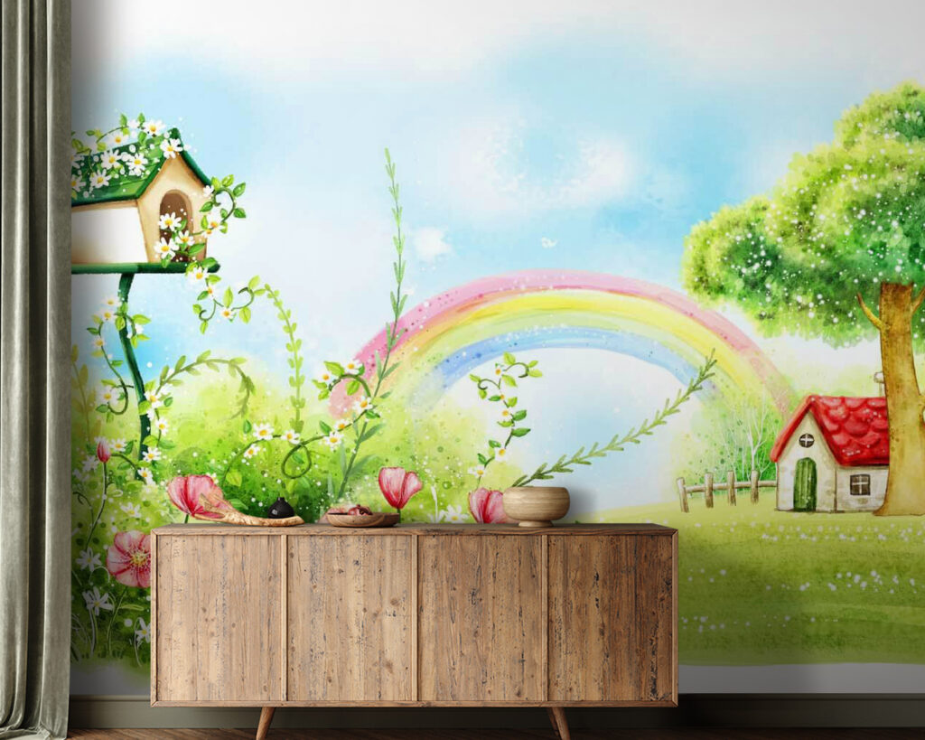 Rainbow and flowers in a green field Rainbow and flowers in a green field