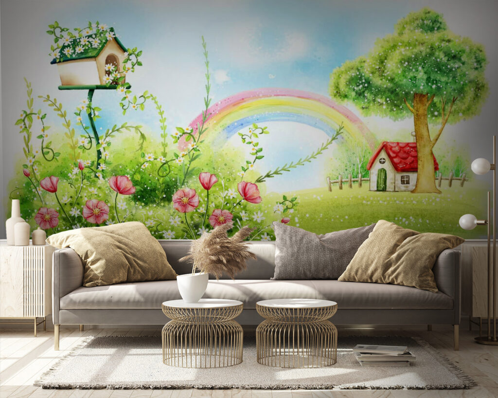 Rainbow and flowers in a green field Rainbow and flowers in a green field