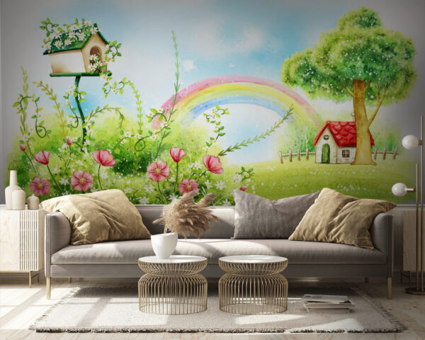 Rainbow and flowers in a green field Rainbow and flowers in a green field