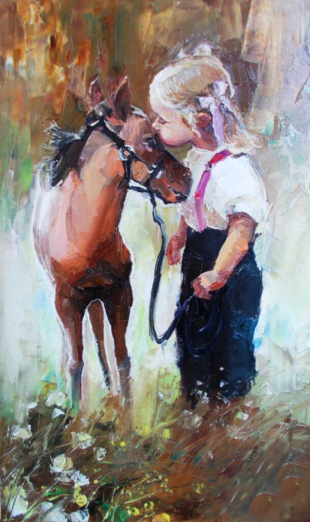 Festmény egy lóval csókolózó lányról Festmény egy lóval csókolózó lányról