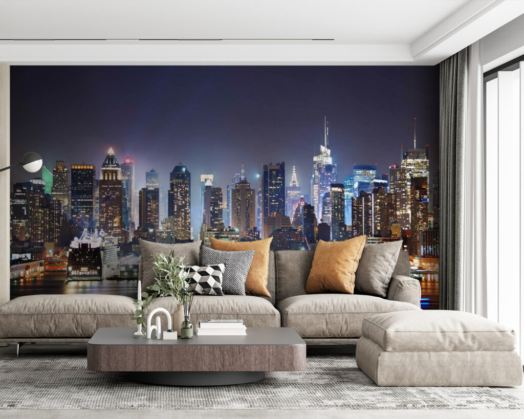 City skyline at night with lights reflecting on water City skyline at night with lights reflecting on water