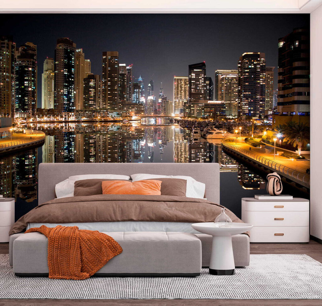 City skyline with lights reflecting on water