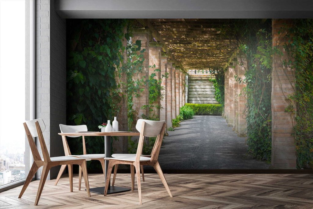 Walkway with stone pillars and vines Walkway with stone pillars and vines