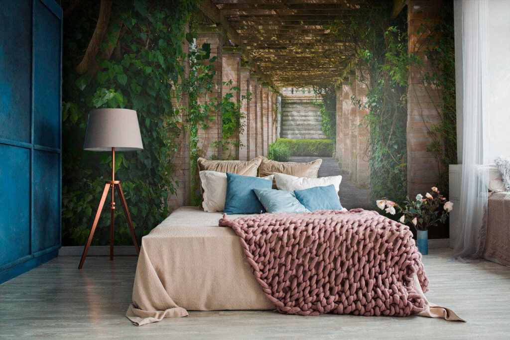 Walkway with stone pillars and vines Walkway with stone pillars and vines