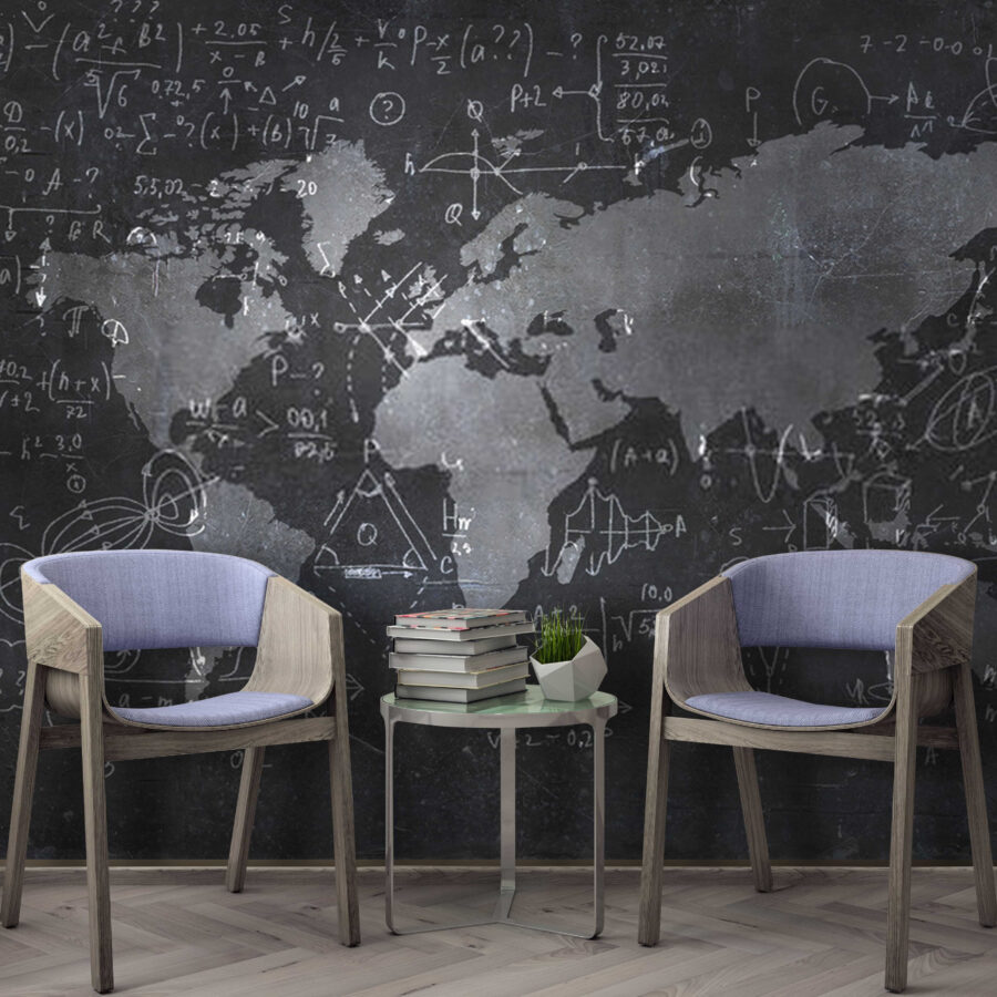 Krétatábla térképpel és matematikai egyenletekkel