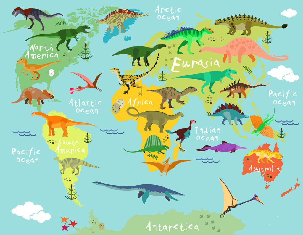 Dinoszauruszok térképe fehér szöveggel Dinoszauruszok térképe fehér szöveggel