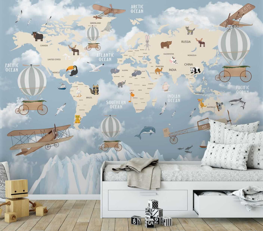 Map of the world with different animals and birds Map of the world with different animals and birds