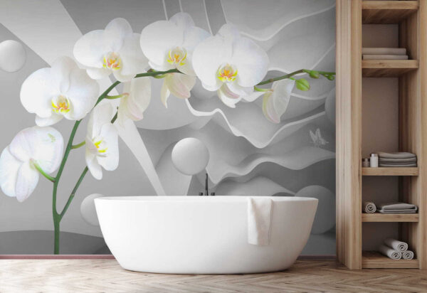 Fehér orchideák és fehér gömbök Fehér orchideák és fehér gömbök