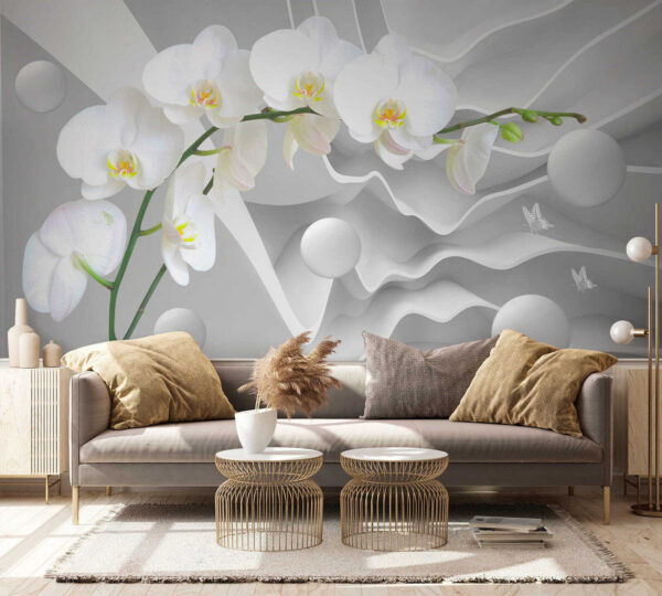 Fehér orchideák és fehér gömbök Fehér orchideák és fehér gömbök