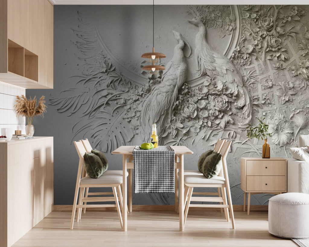 White wall with a couple of birds and flowers