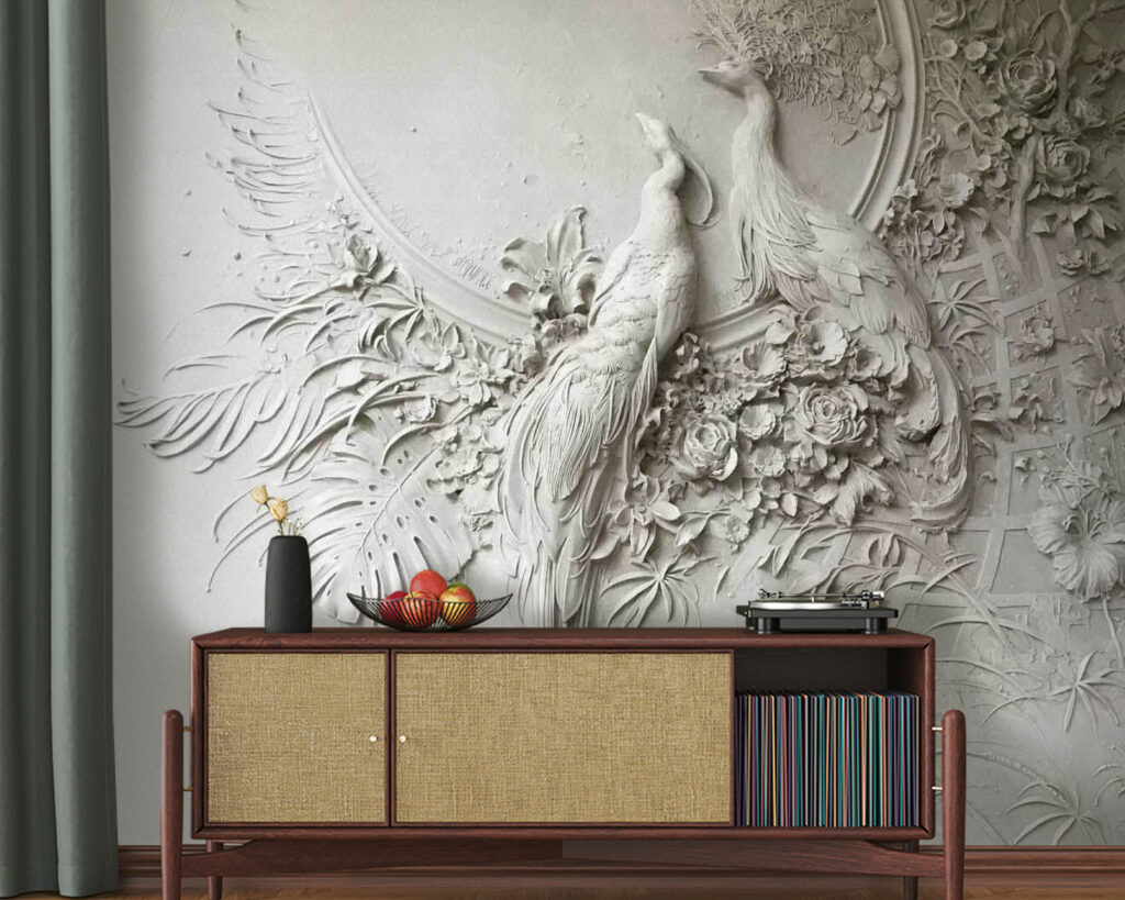 White wall with a couple of birds and flowers