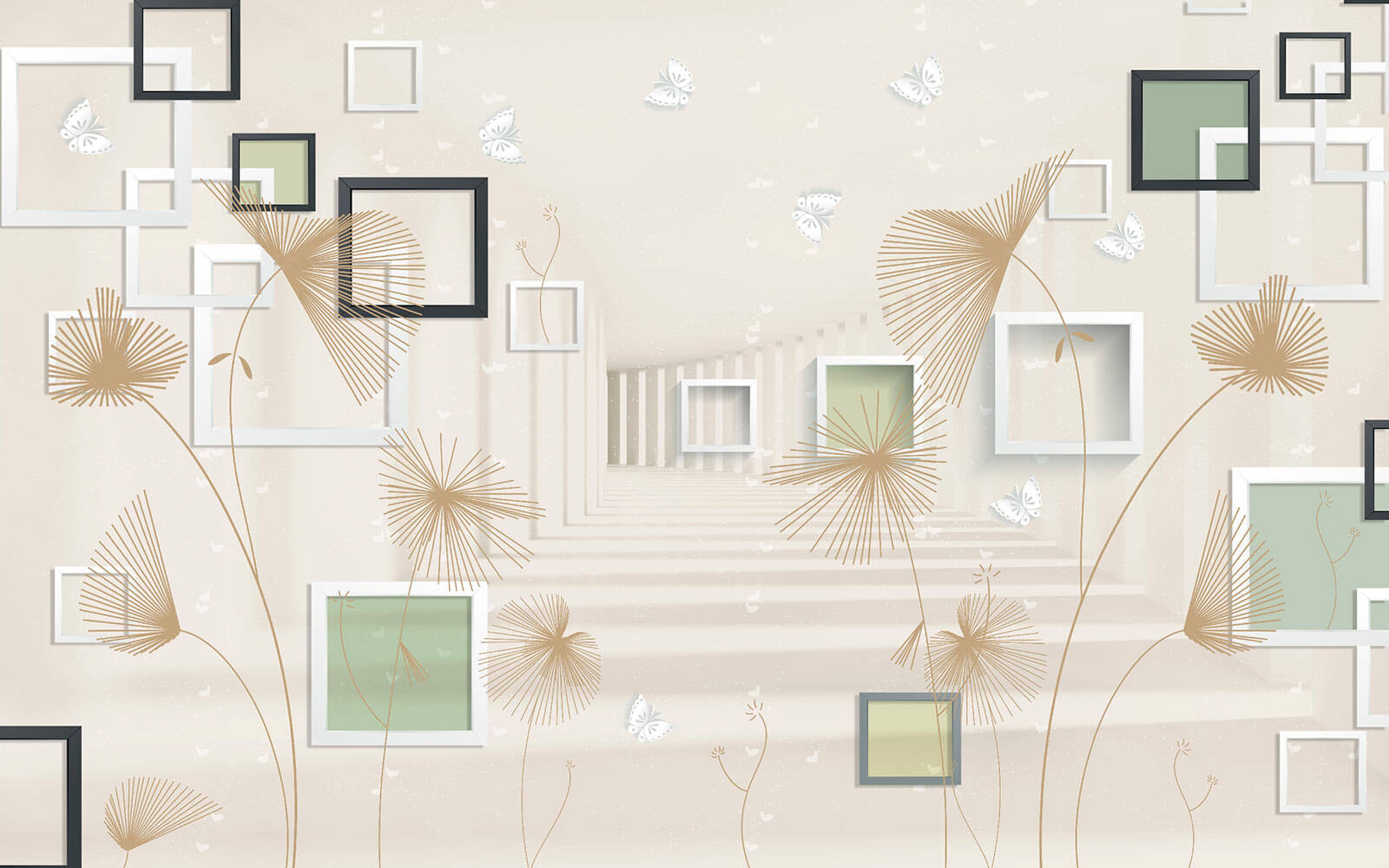 u40860p - Tapéta fehér és barna virágokkal és pillangókkal - tegory