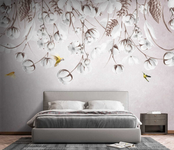 Bird flying over cotton flowers
