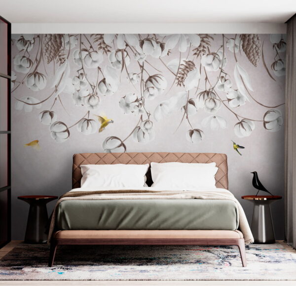 Bird flying over cotton flowers