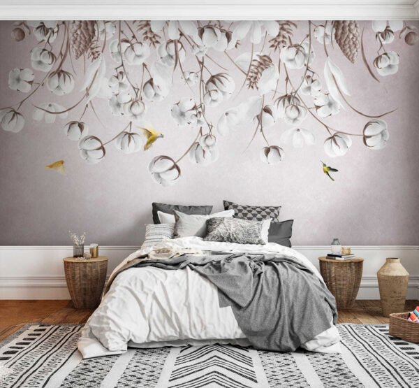 Bird flying over cotton flowers