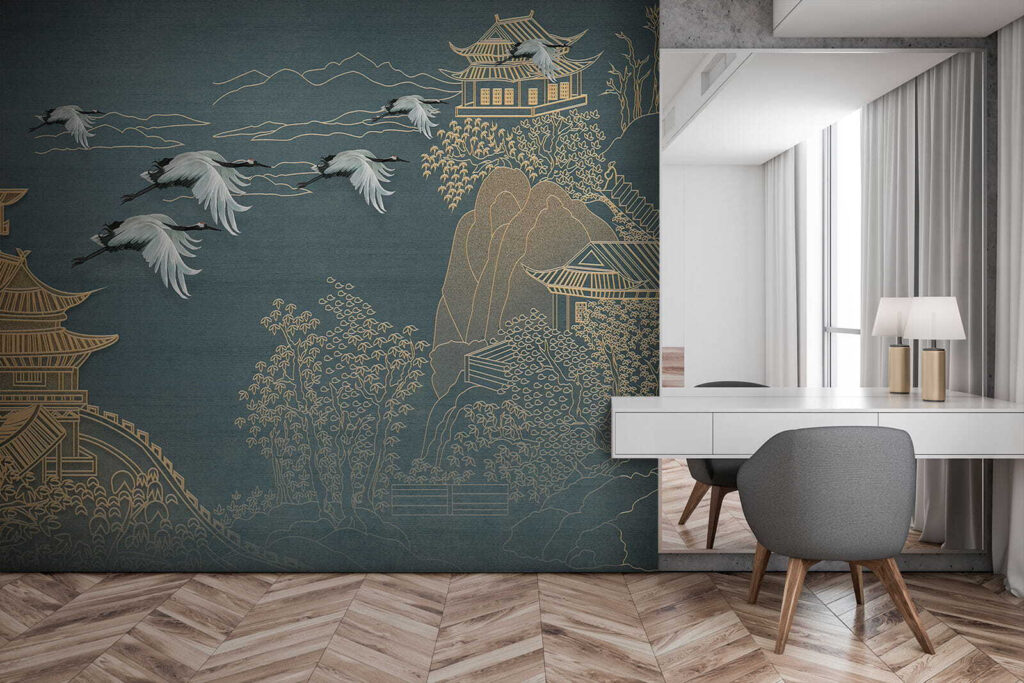 Painting of a landscape with cranes flying over a building