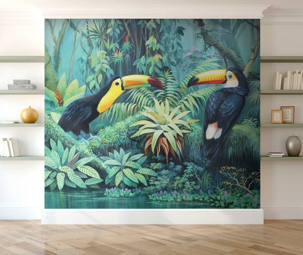 Painting of birds in a forest
