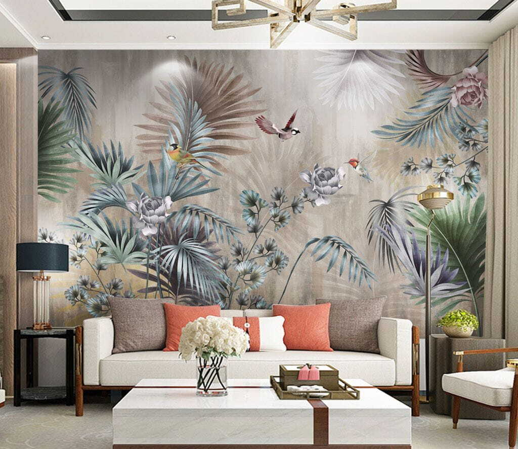 Wallpaper with birds and flowers