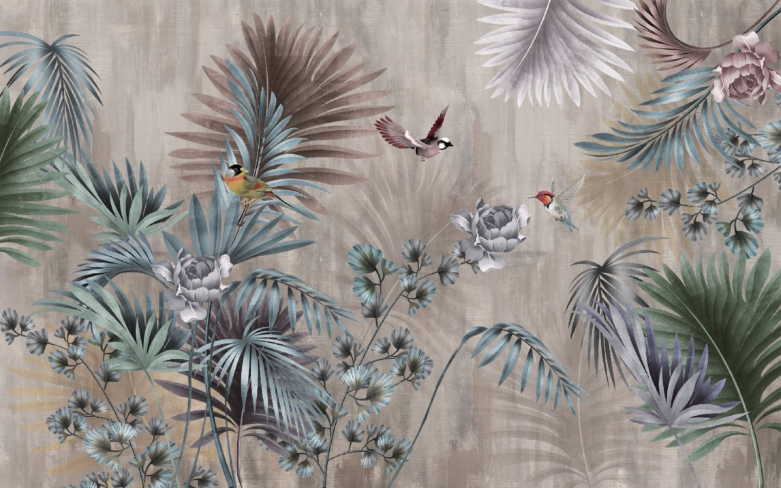 Wallpaper with birds and flowers