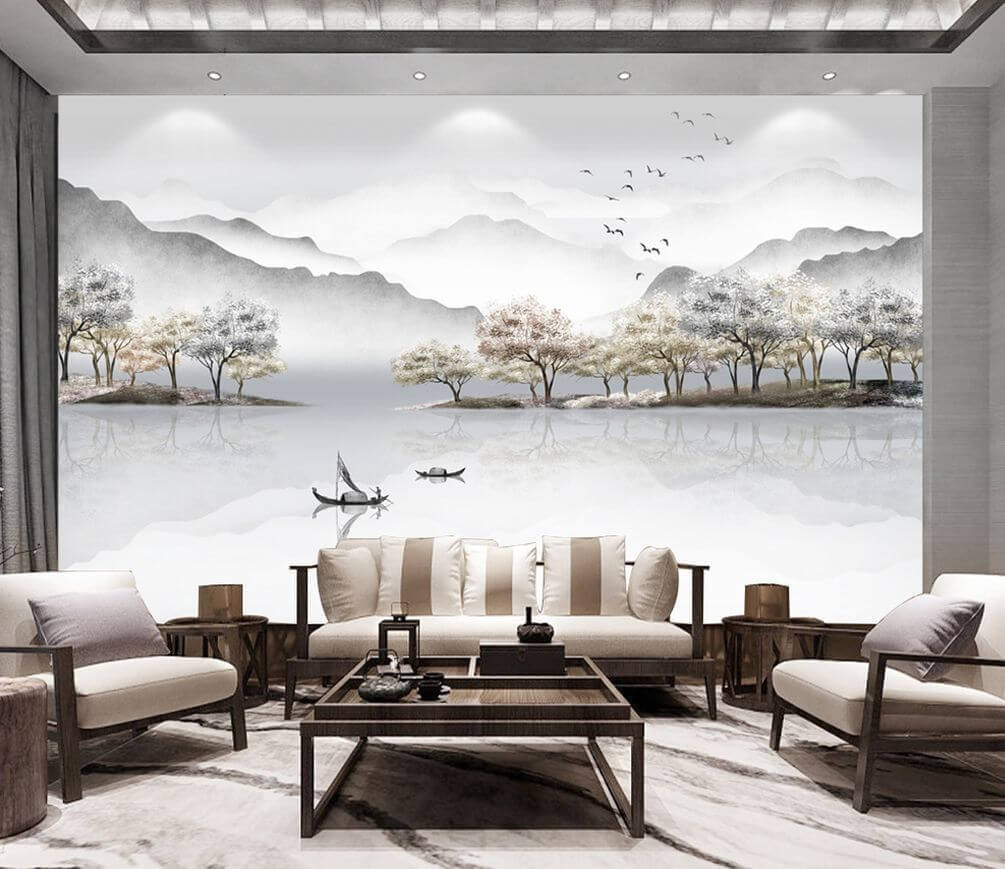 Painting of a lake with trees and mountains Painting of a lake with trees and mountains