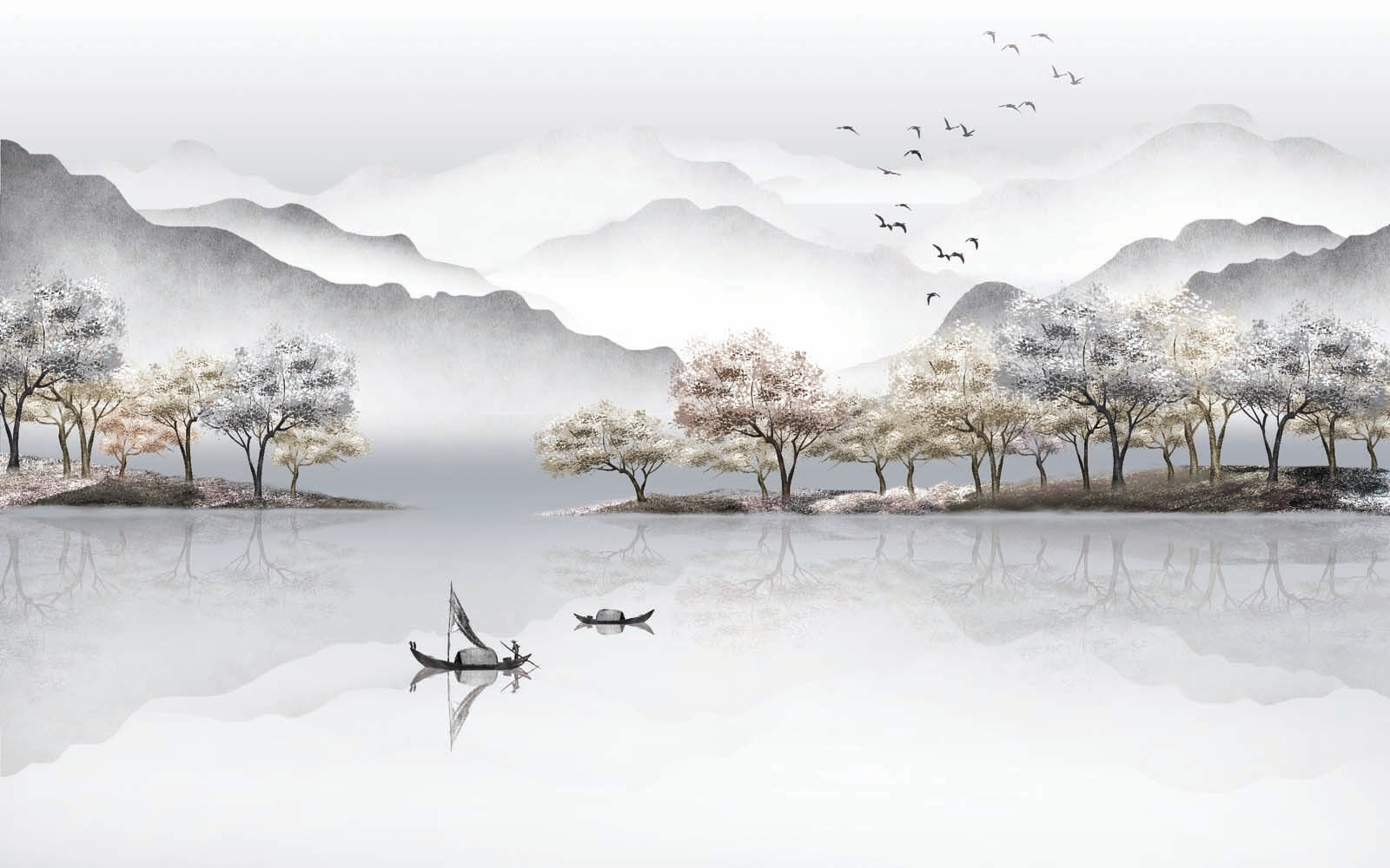 Painting of a lake with trees and mountains